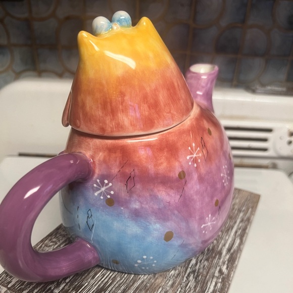 VINTAGE STUDIO DESIGN WORKS JOY CAT TYE DYED RAINBOW KITTY CERAMIC TEAPOT - Picture 3 of 7